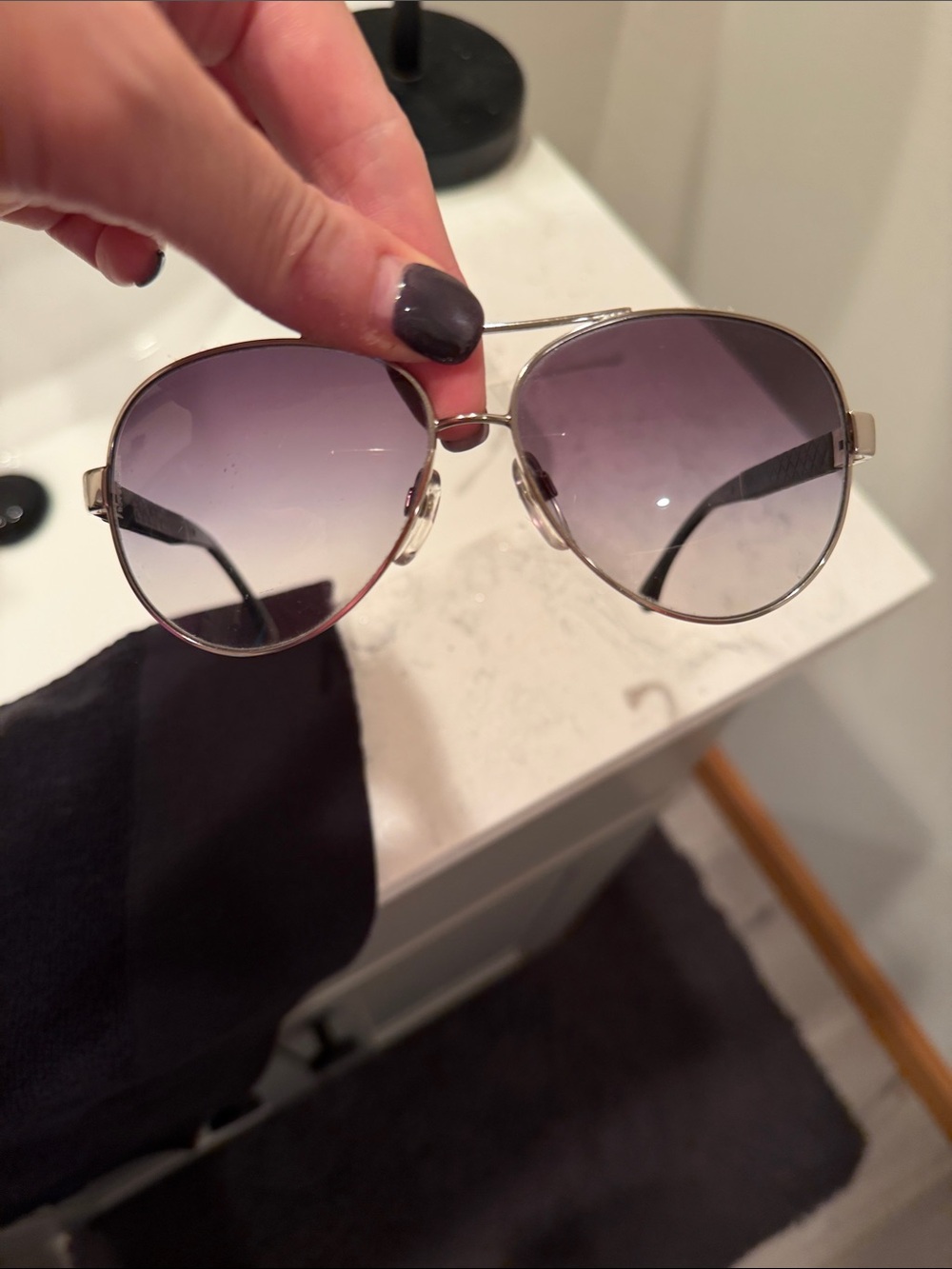 CHANEL Silver Metal Aviator Sunglasses with Black Lenses